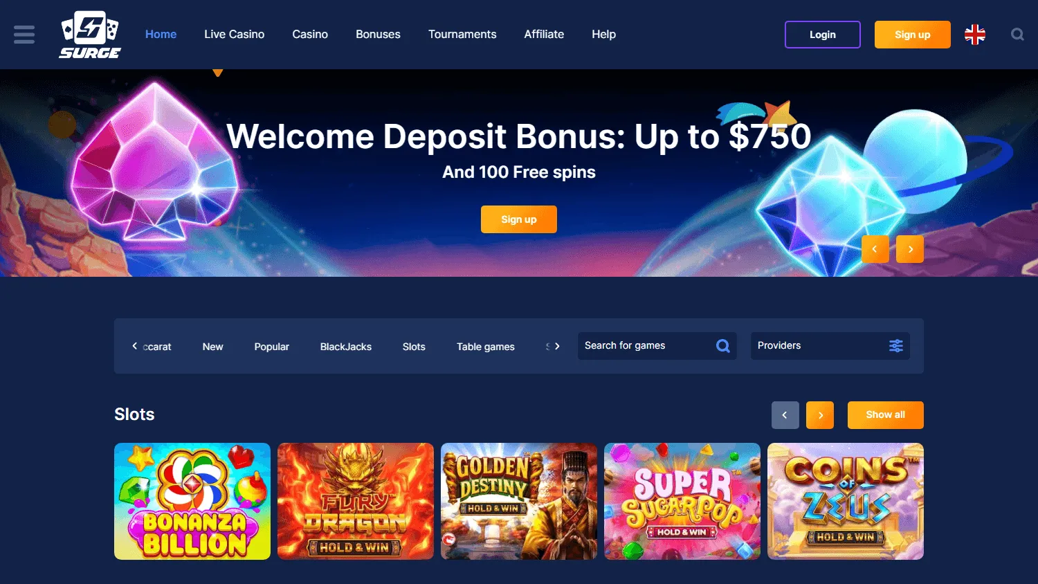 Surge Casino desktop home screen with casino offers and account features