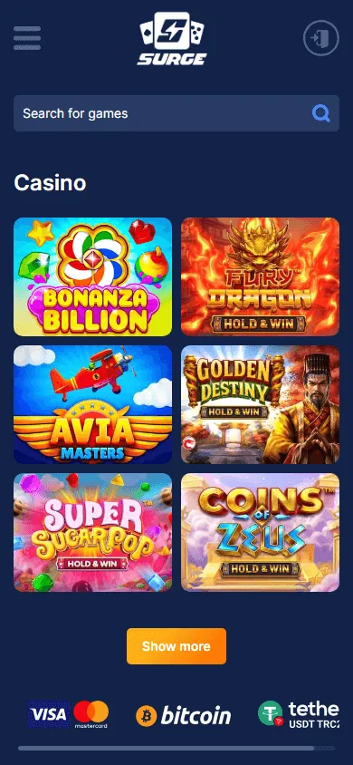 Surge Casino mobile browser games area with casino categories