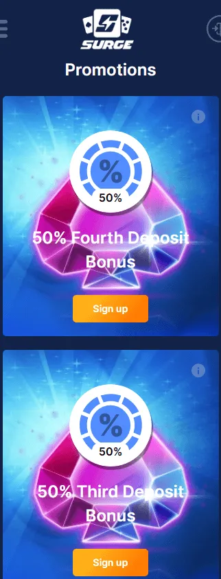 Surge Casino mobile browser promotions area with bonuses and rewards