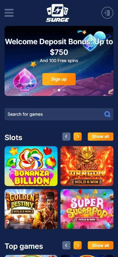 Surge Casino mobile browser home screen with casino offers